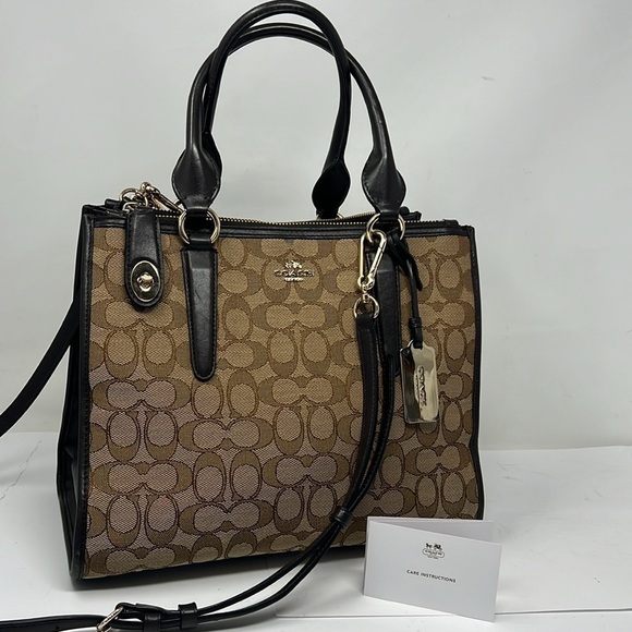 Coach Jacquard Logo and Brown Leather Satchel Shoulder Crossbody Bag - Picture 4 of 16